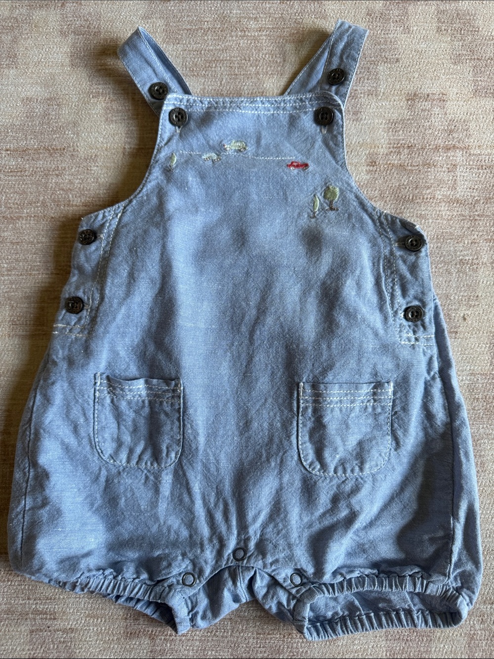 Janie and Jack Light Blue Embroidered Cotton & Linen Shorts Overalls size 3-6M
